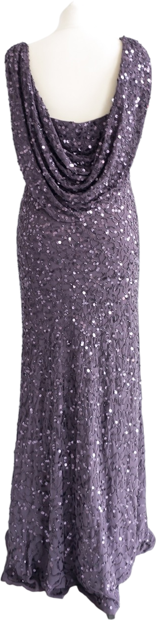 DEBUT Heather Purple Sequinned Drape Back Maxi Dress / Gown UK 12