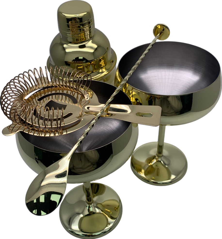 Gold Cocktail Set - French Cocktail Shaker, Bar Spoon & Julep Strainer And Glasses One Size