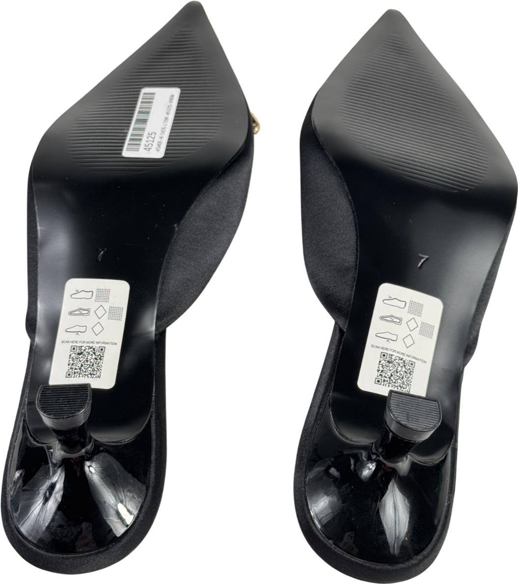 ASOS Design Savvy Flower Trim Detail Mid Heel Mules In Black Satin UK 7 EU 40 👠