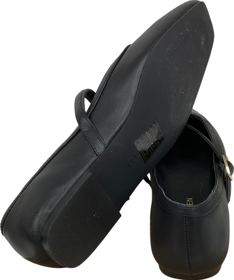 Karen Millen Black Leather Flat Square Toe Mary Jane Pumps UK 5 EU 38 👠