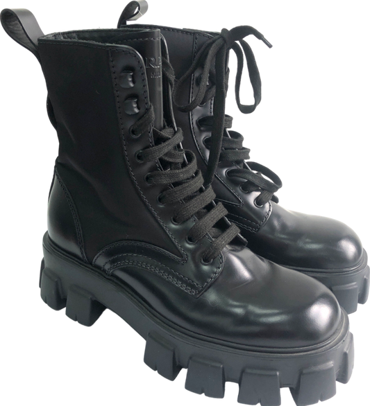 Prada Black Monolith Brushed Leather And Re-nylon Boots UK 6 EU 39 👠