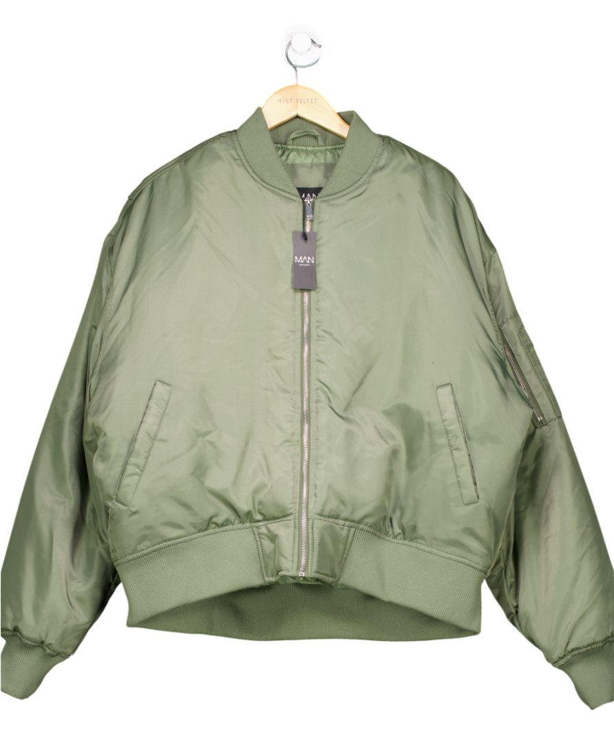 boohooMan Green Oversized Boxy Curved Hem Nylon Bomber Jacket UK XL
