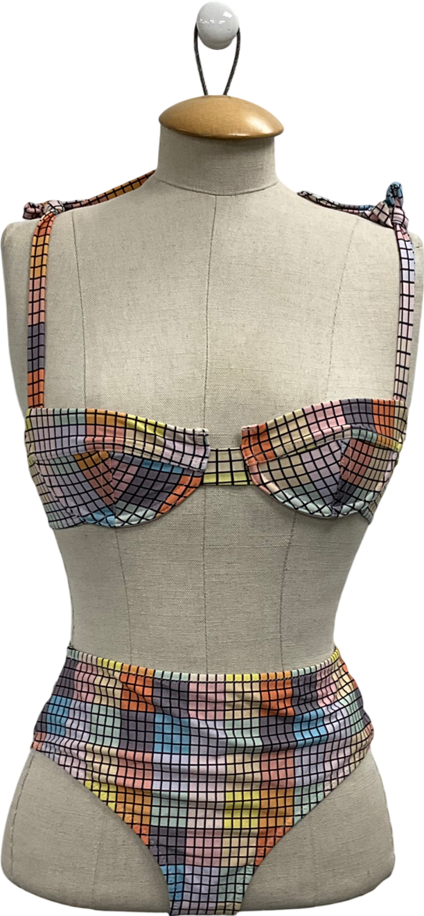 Ganni Multicoloured Tie-shoulder Checked Underwired Bikini Top & High-rise Checked Bikini Briefs UK 6