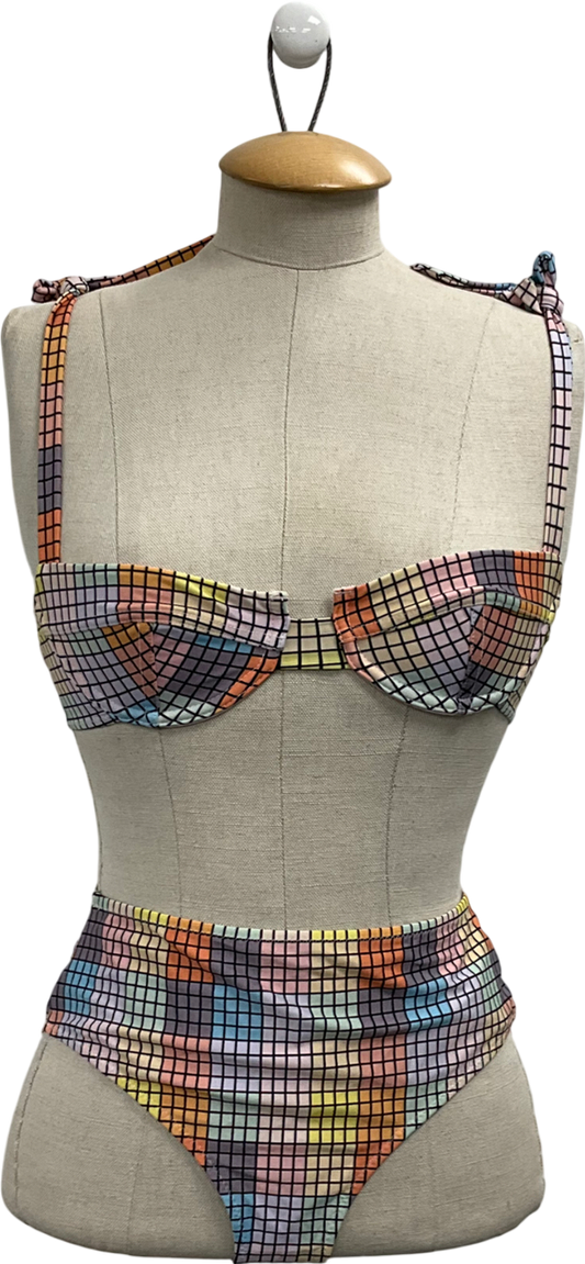 Ganni Multicoloured Tie-shoulder Checked Underwired Bikini Top & High-rise Checked Bikini Briefs UK 6