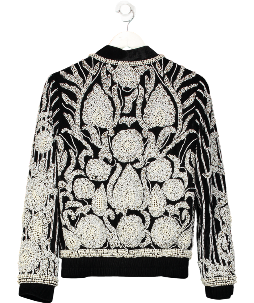 Khanum's Black Velvet Pearl Embellished Bomber Jacket UK S