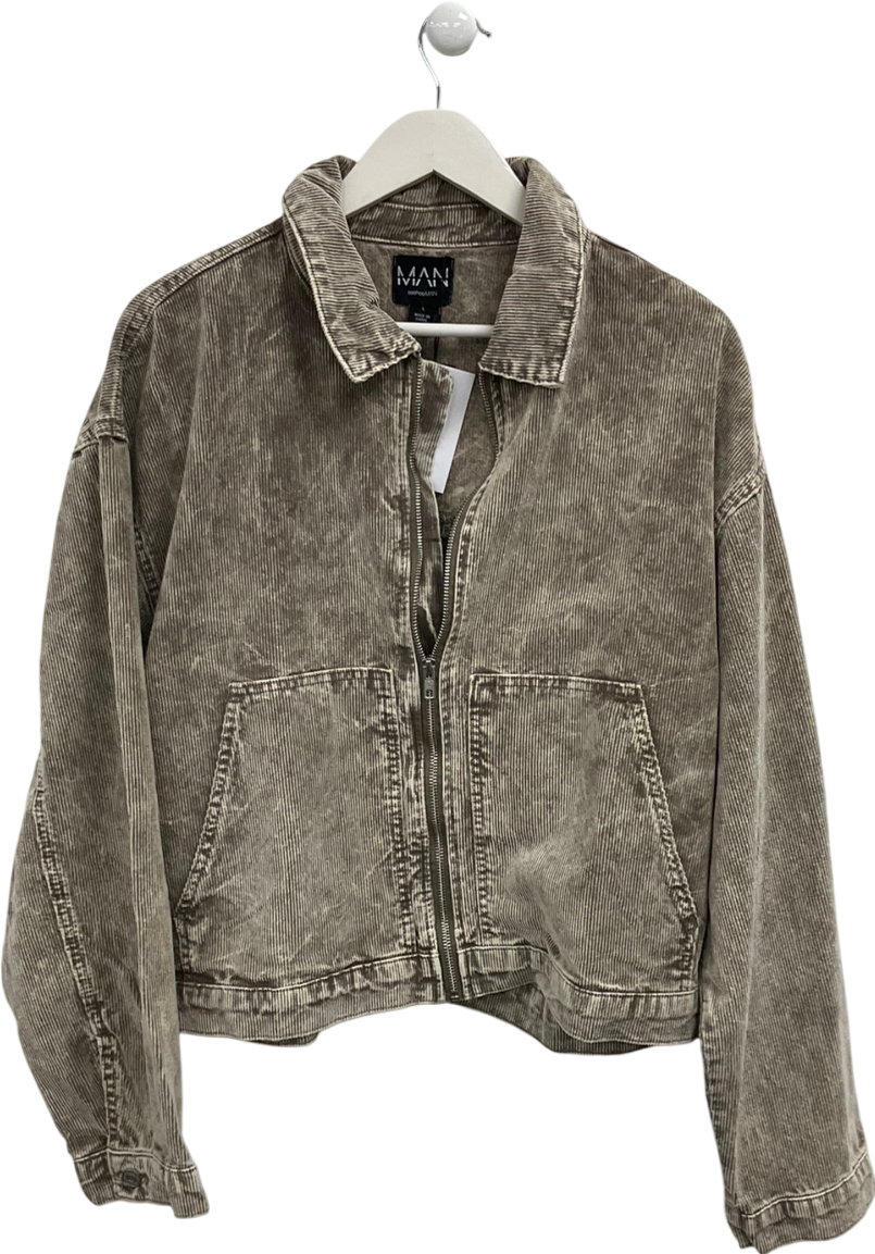 boohooMan Cream Boxy Acid Wash Corduroy Jacket UK L