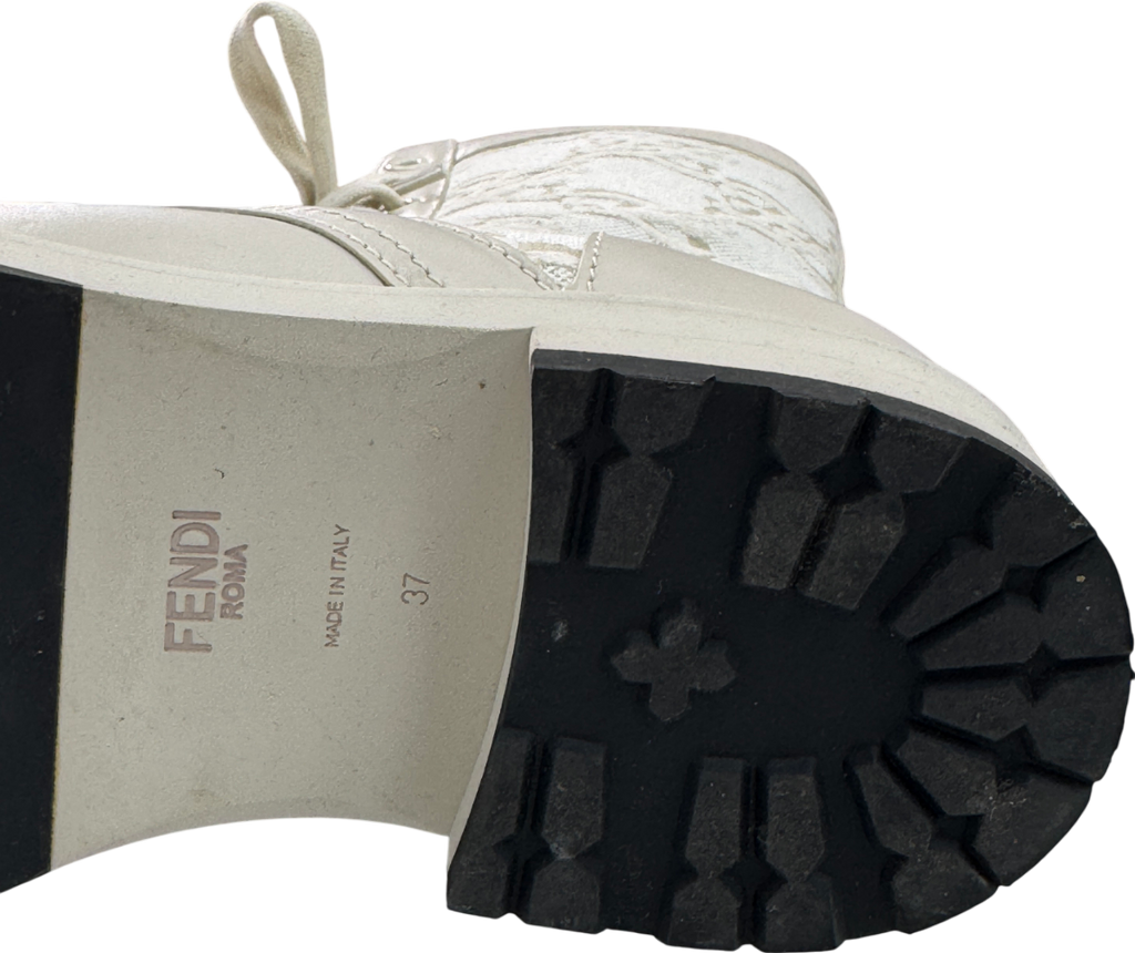 Fendi Cream Vitello Fabric Jacquard Karligraphy Embroidered Calf Length Boots UK 4 EU 37 👠