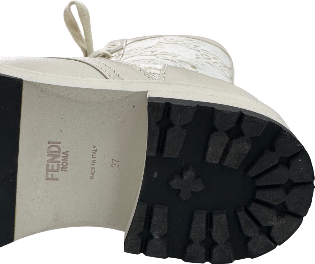 Fendi Cream Vitello Fabric Jacquard Karligraphy Embroidered Calf Length Boots UK 4 EU 37 👠