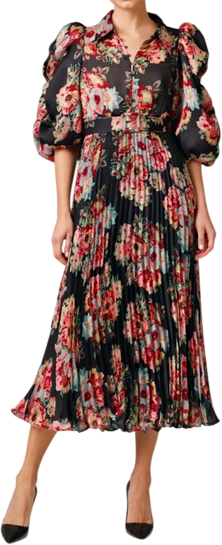 ByTIMO Black Dark Blossom Loral Print Puff Sleeve Midi Dress UK M