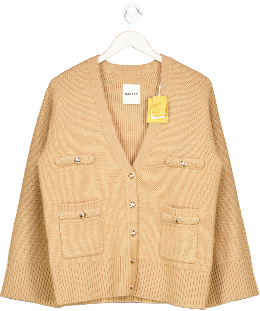 SANDRO PARIS Camel Oversized Wool Cardigan with gold buttons & braid detailing Sz1 UK 8