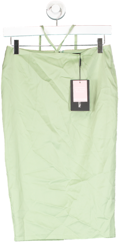 PrettyLittleThing Green Satin Tie Waist Midi Skirt UK 4