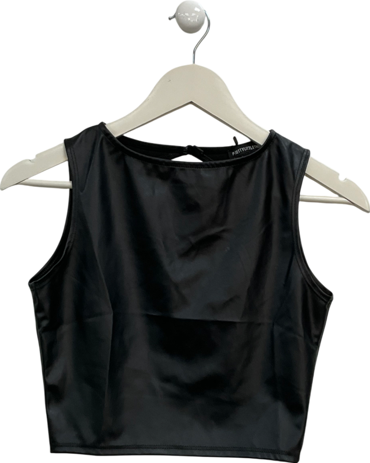 PrettyLittleThing Black Faux Leather Back Strap  Crop Top UK 6
