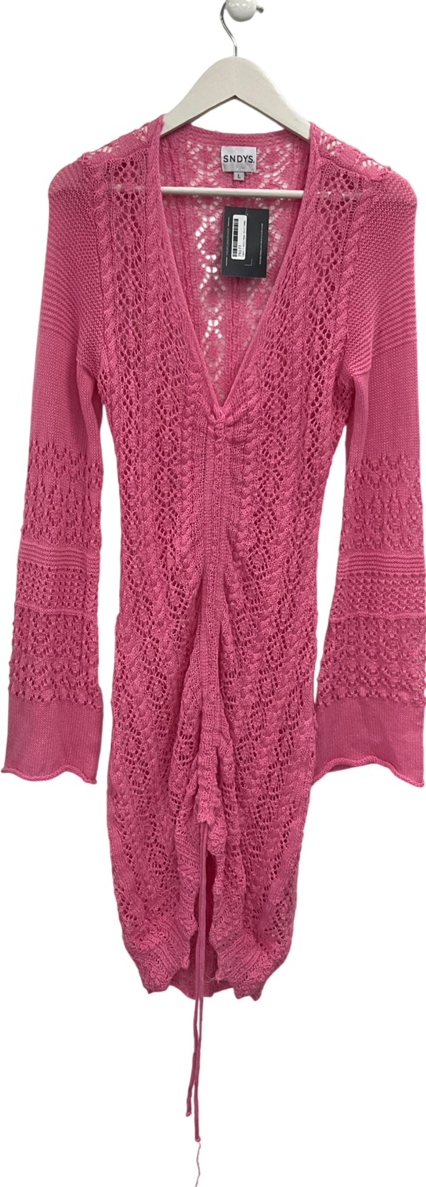 Sndys Pink Crochet Bell Sleeve Mini Dress With Ruched Detai UK L
