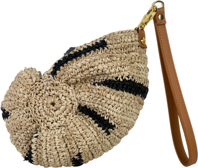 Aranaz Cream Concha Shell Raffia Draw Clutch with Wrist Strap