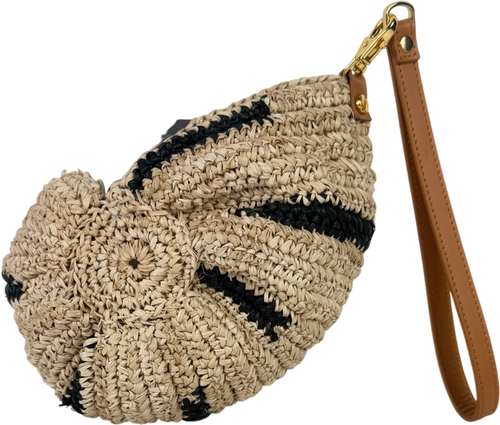Aranaz Cream Concha Shell Raffia Clutch with Wrist Strap