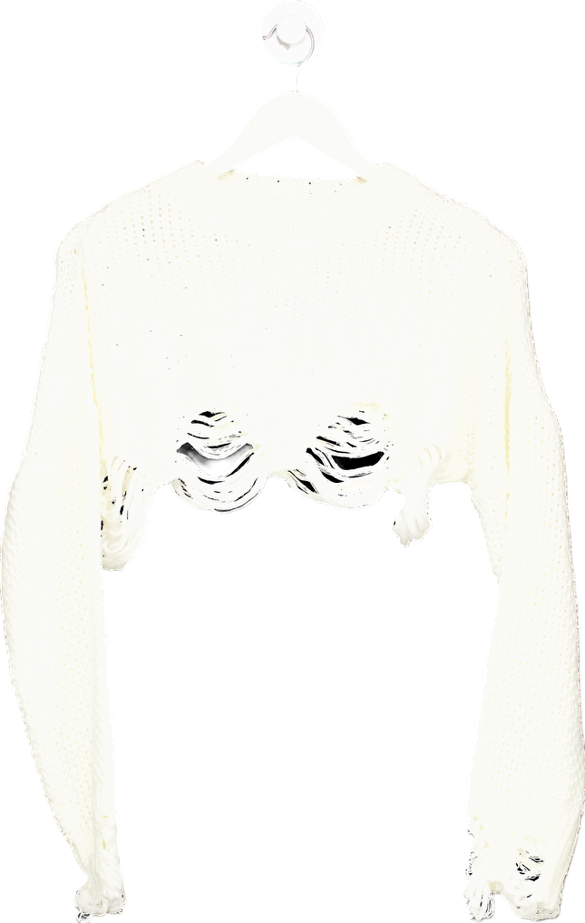 Nasty Gal White Distressed Knit Crop Sweater UK XS