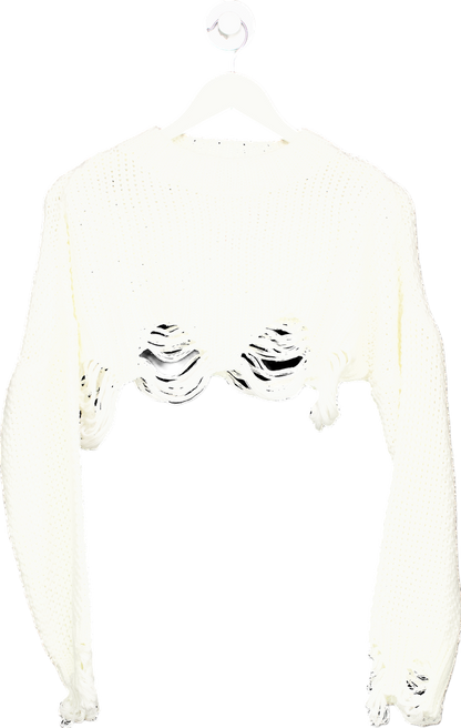 Nasty Gal White Distressed Knit Crop Sweater UK XS