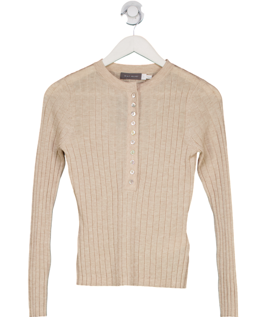 Mint Velvet Beige Ribbed Henley Knit Top UK S