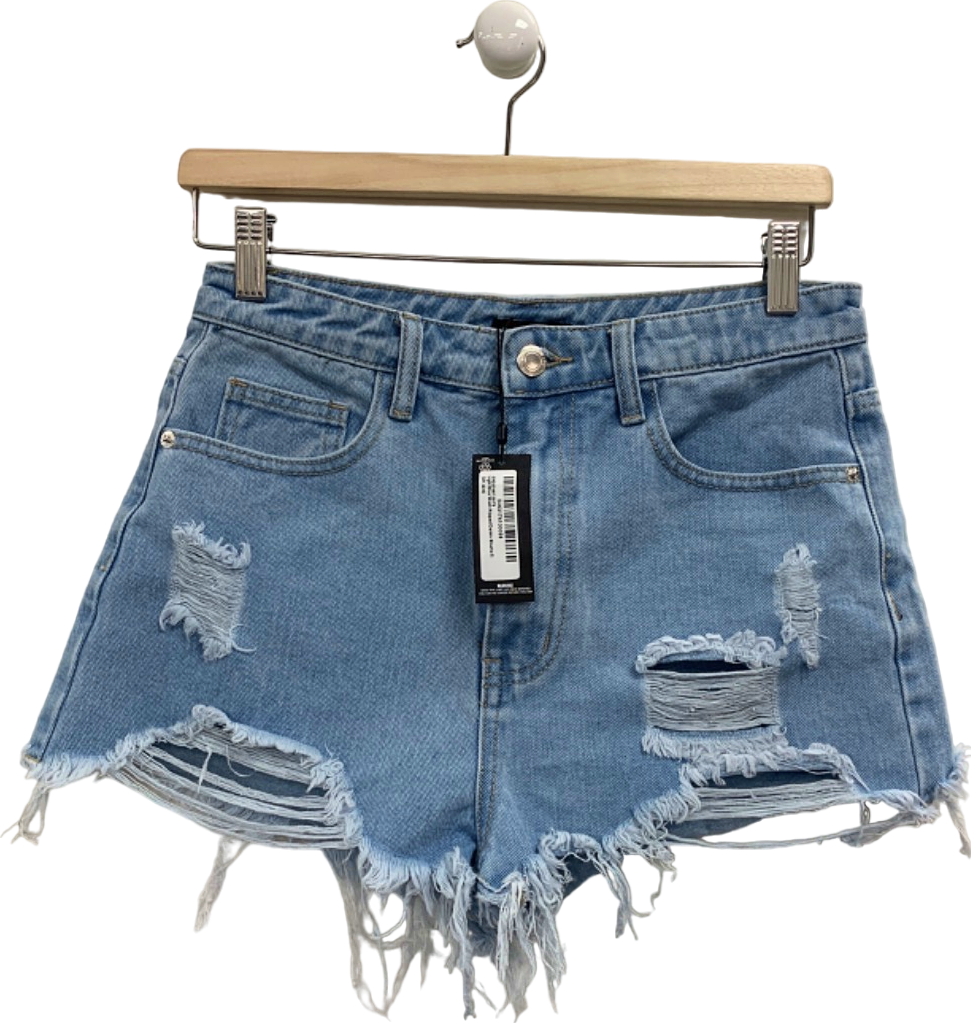 Pretty Little Thing Light Blue Wash Ripped Denim Shorts UK 8