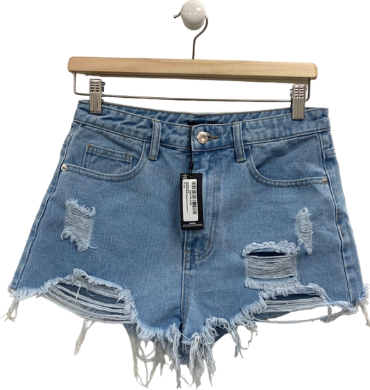 Pretty Little Thing Light Blue Wash Ripped Denim Shorts UK 8