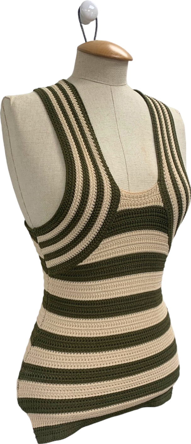 Karen Millen Olive Stripe Viscose Blend Crochet Knit Cross Front Top XS