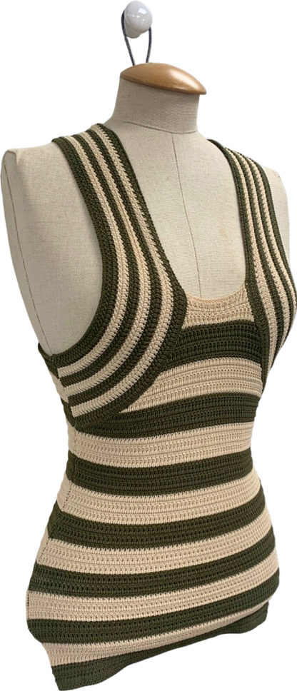 Karen Millen Olive Stripe Viscose Blend Crochet Knit Cross Front Top XS