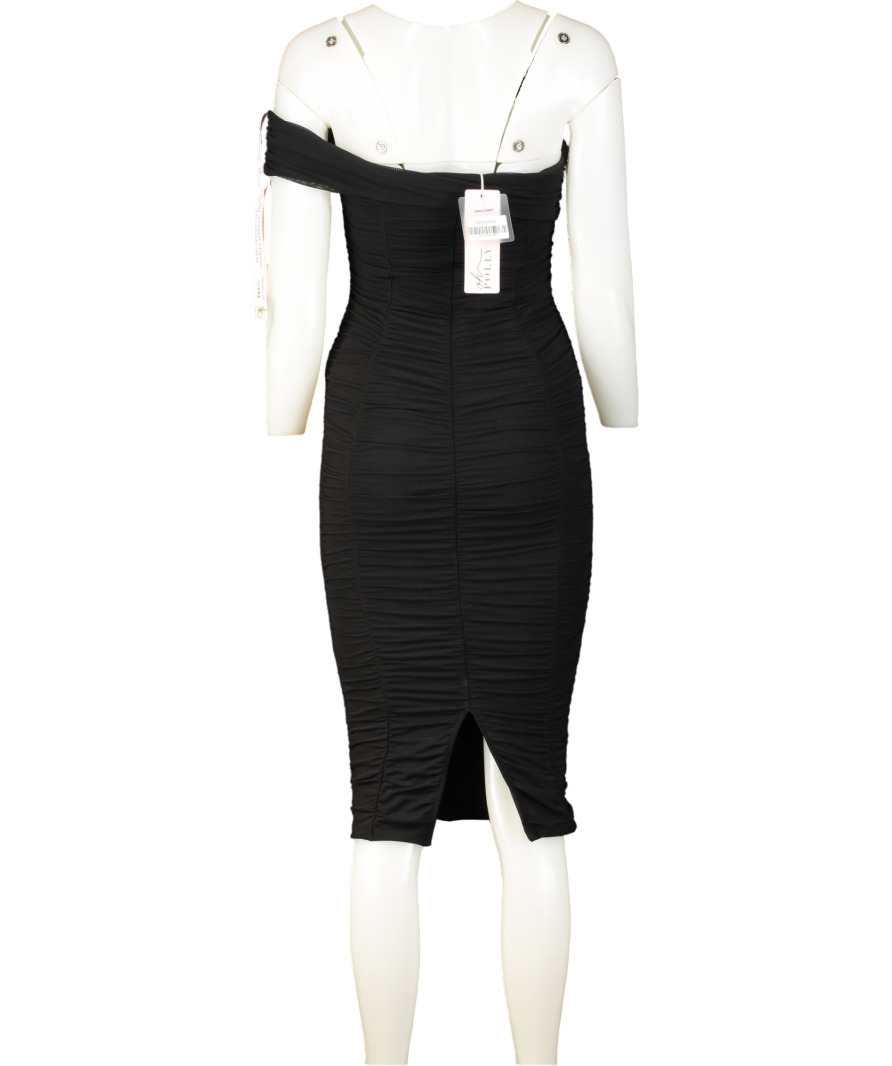 Oh Polly Black One Shoulder Ruched Midi Dress UK 8