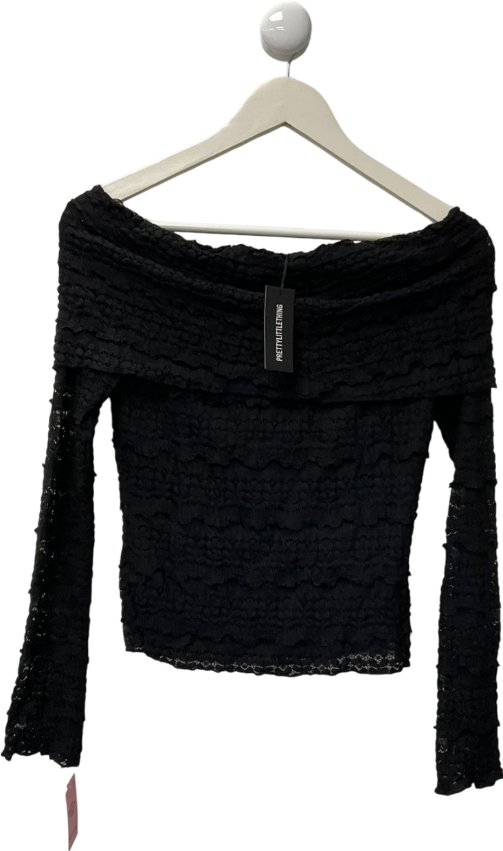 PrettyLittleThing Black Textured Bardot Long Top UK 10