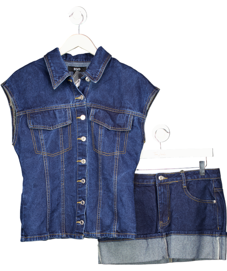 Ego Blue Denim Mini Skirt And Fitted Sleeveless Top Set UK 12