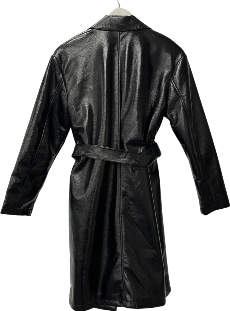 Miss Selfridge Black Faux Leather Trench Coat With Ring Belt UK 10