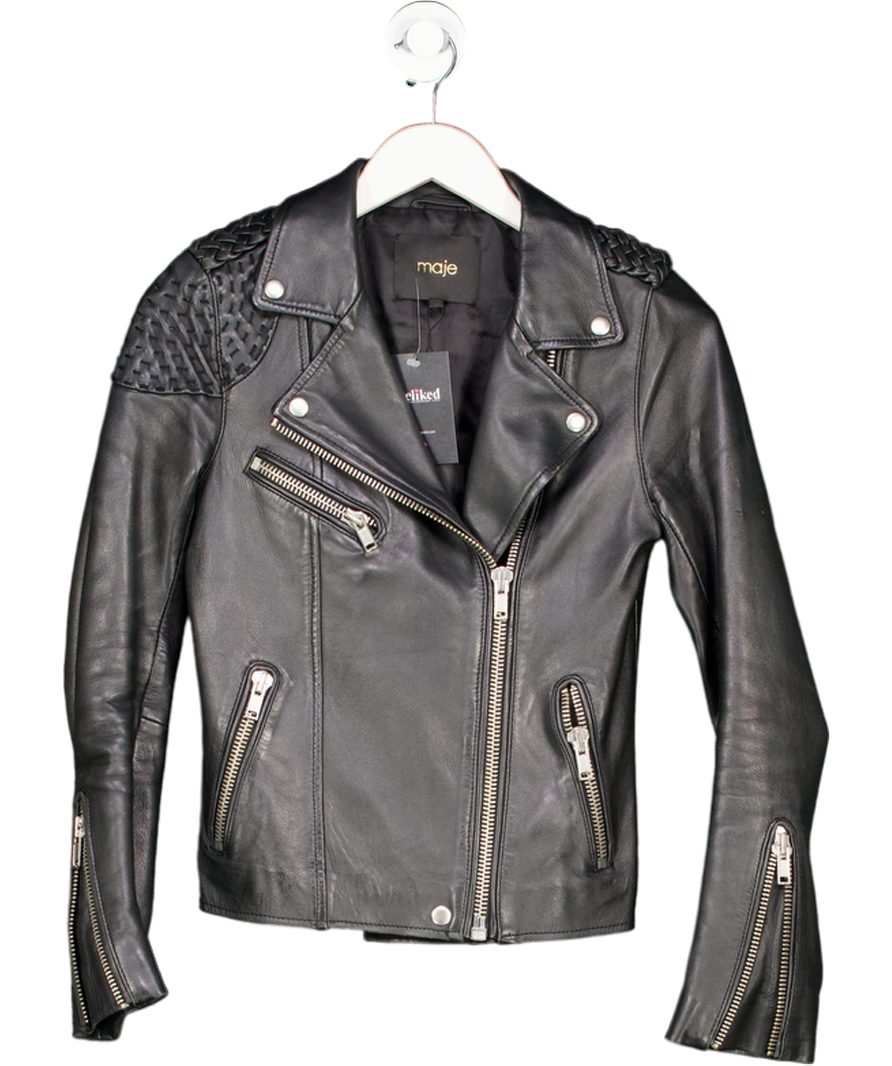Maje Black Madone Braided-panel Leather Jacket Fr36 UK 8