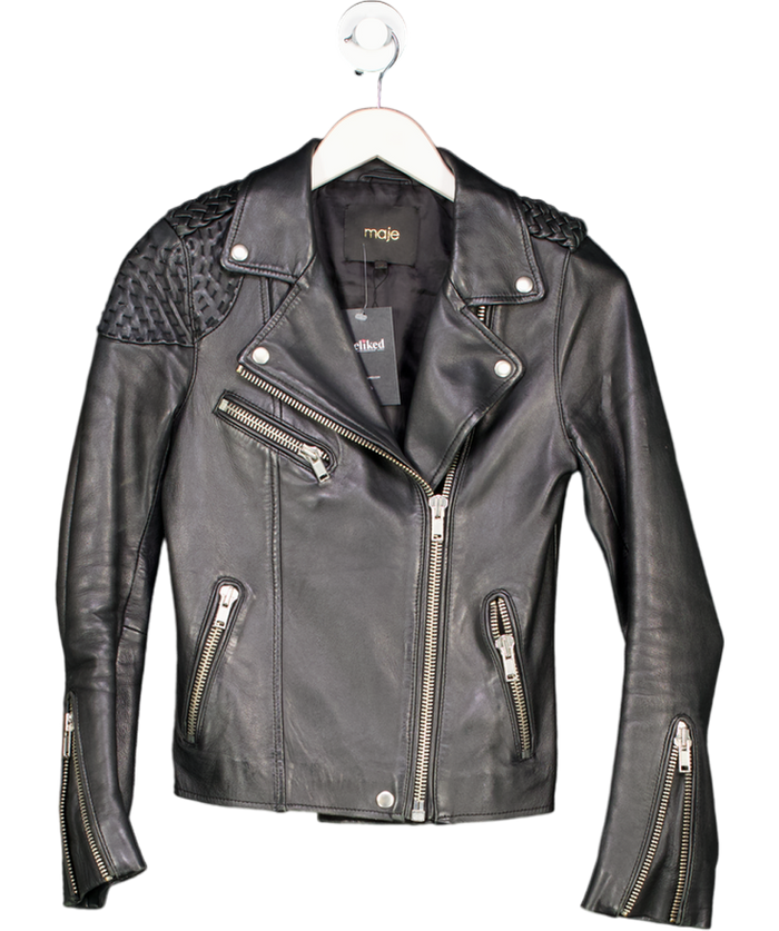 Maje Black Madone Braided-panel Leather Jacket Fr36 UK 8
