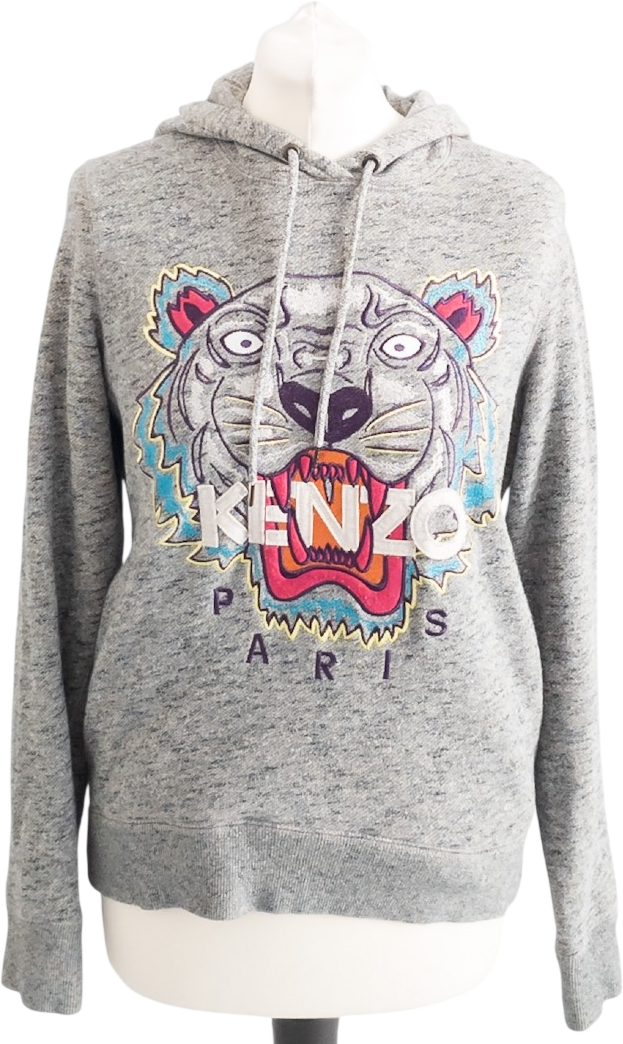 Kenzo Grey Embroidered Tiger Logo Hoodie UK XS