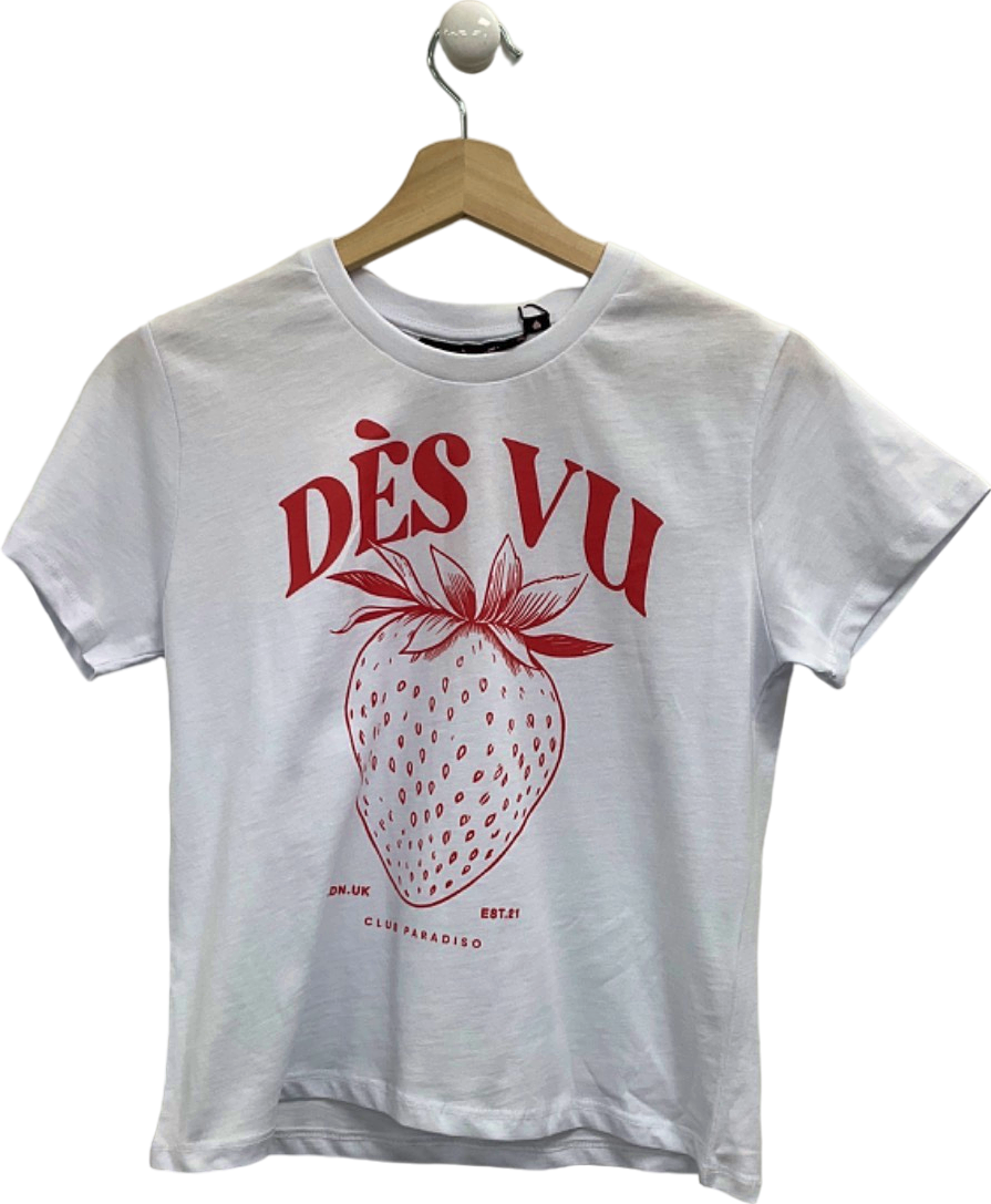 Des Vu White Strawberry Print T-Shirt UK S