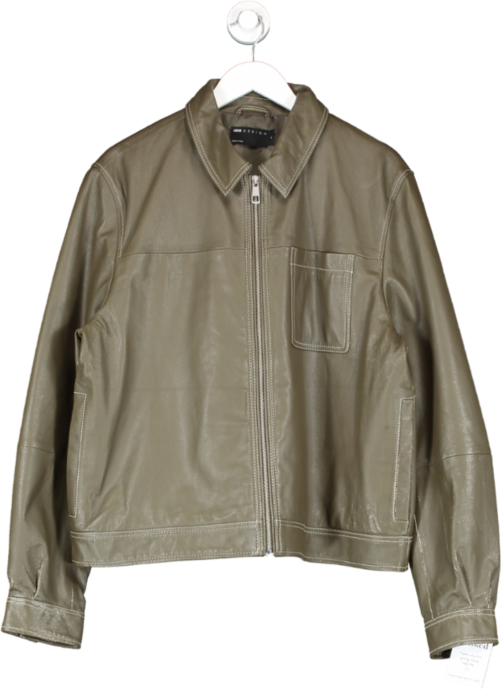 ASOS Green Harrington Leather Jacket With Stitch Contrast UK XL