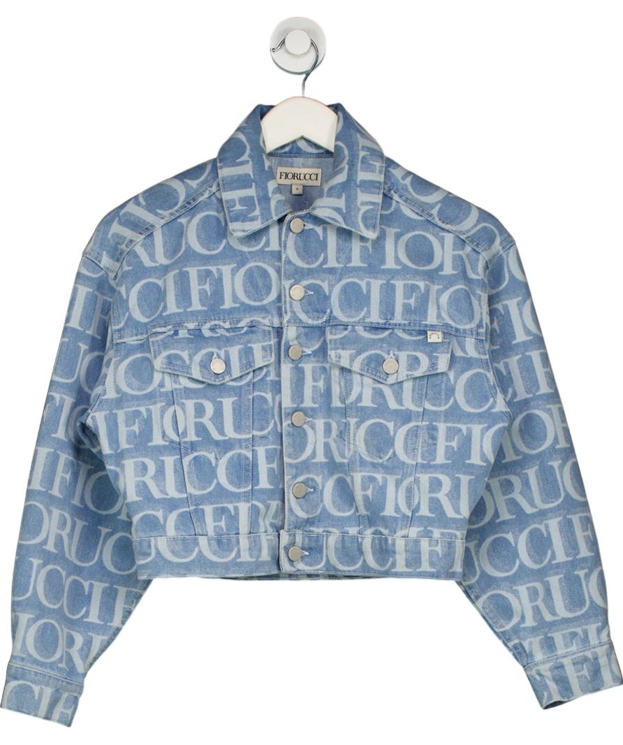FIORUCCI Blue Monogram Print Cropped Denim Jacket UK S