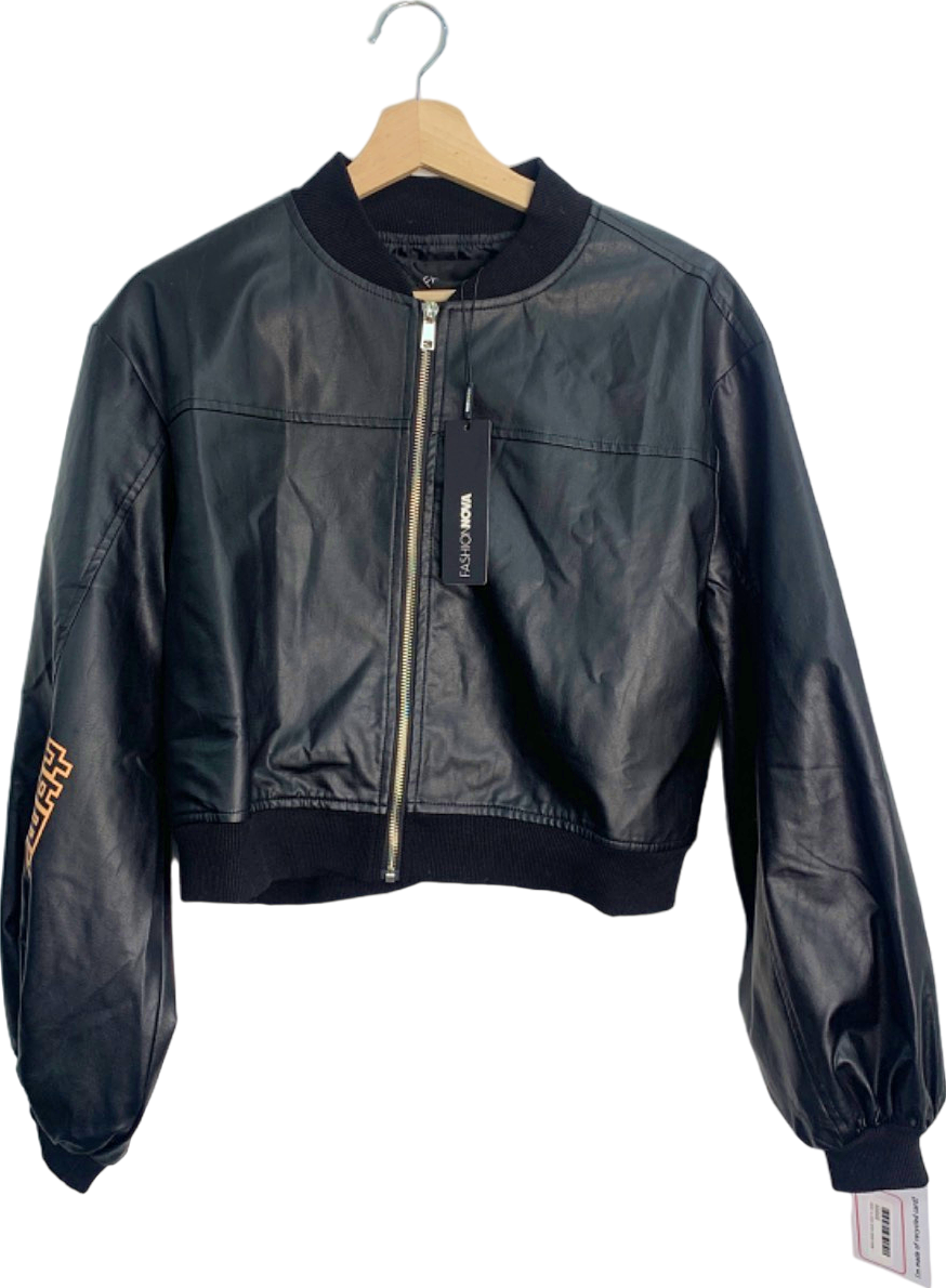 Fashion Nova Black Motor Sport Faux Leather Bomber Jacket S