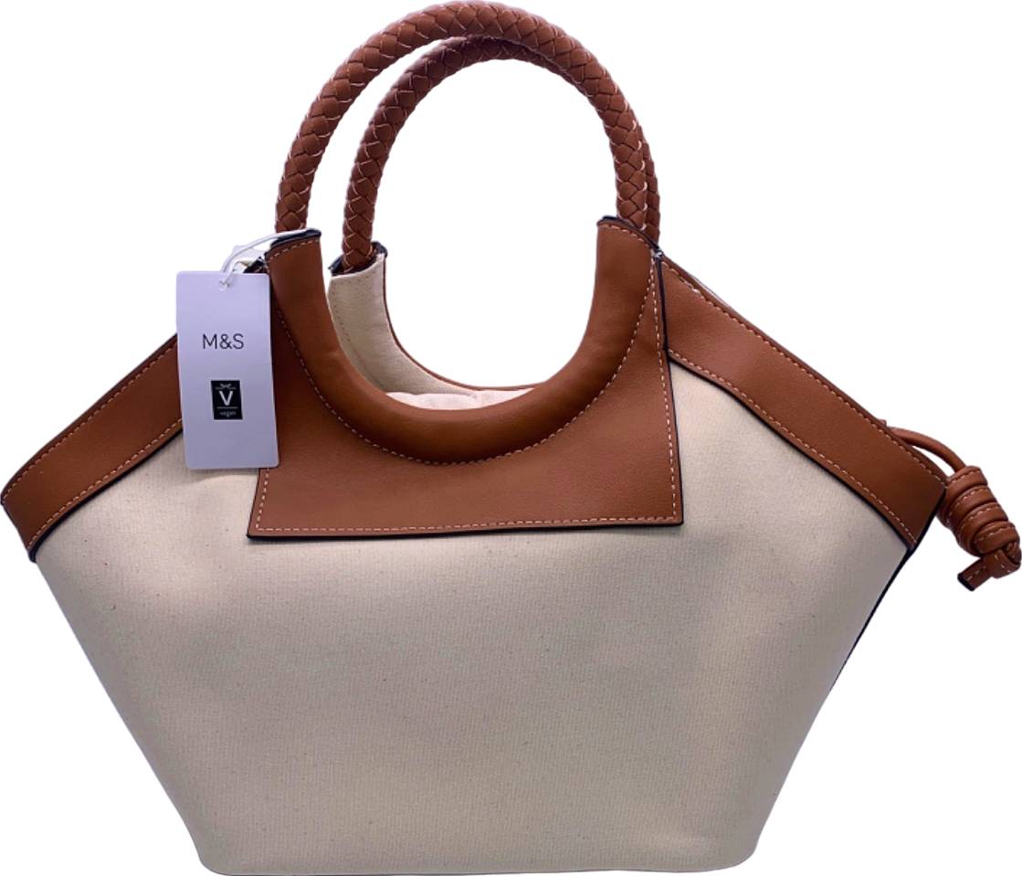 M&S Tan and Cream Woven Handle Tote Bag
