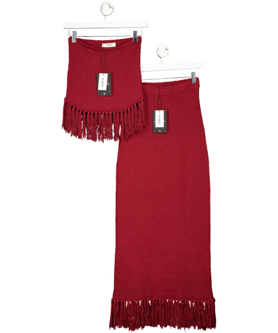 4th & Reckless Red 2 -piece Burgundy Tassel Trim Knitted Maxi Skirt And Bandeau Top Set - Gabby UK 8