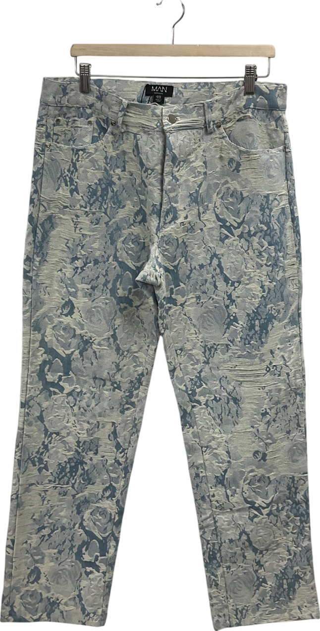 boohooMan Relaxed Fit Floral Fabric Light Blue Jeans W34