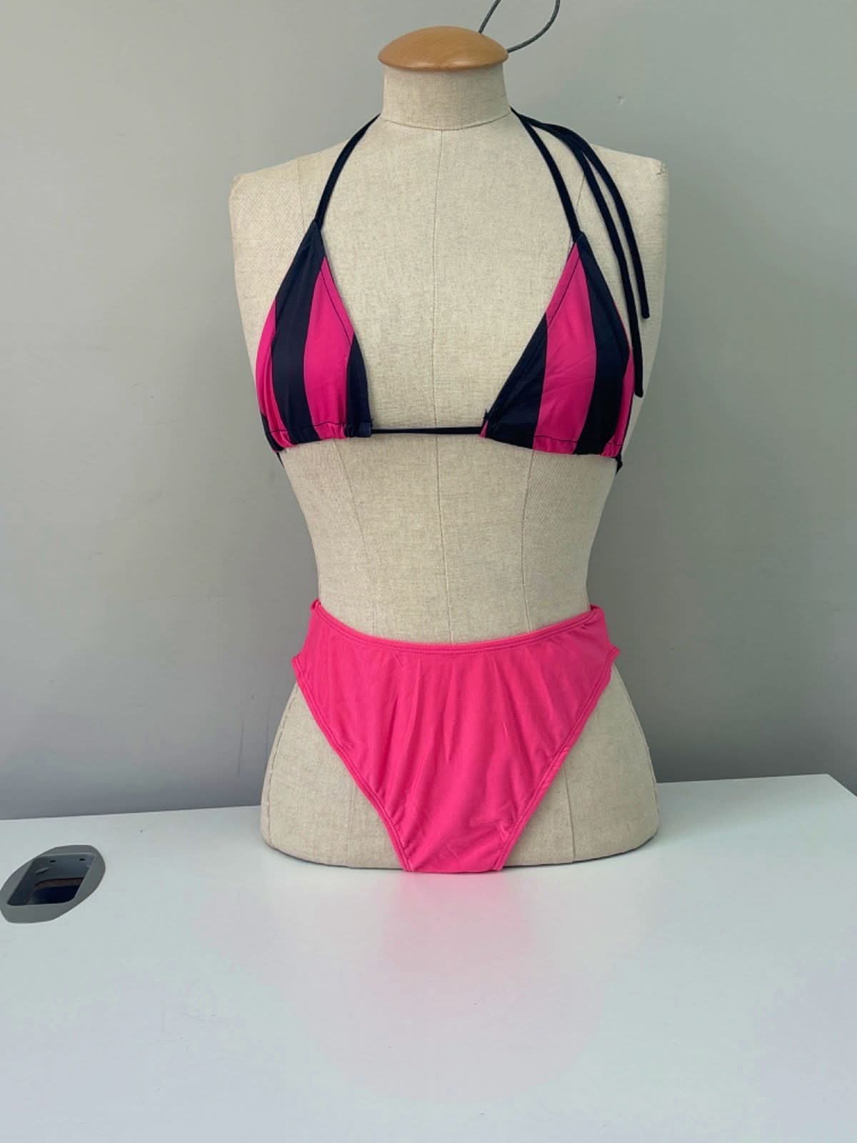PrettyLittleThing Black/Pink Bikini Set and Trousers XS