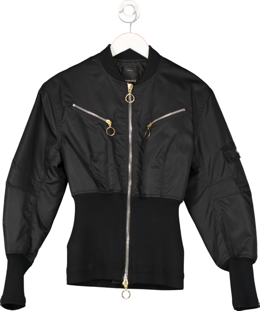 Pinko Black Ribbed Waist Bomber Jacket UK 8