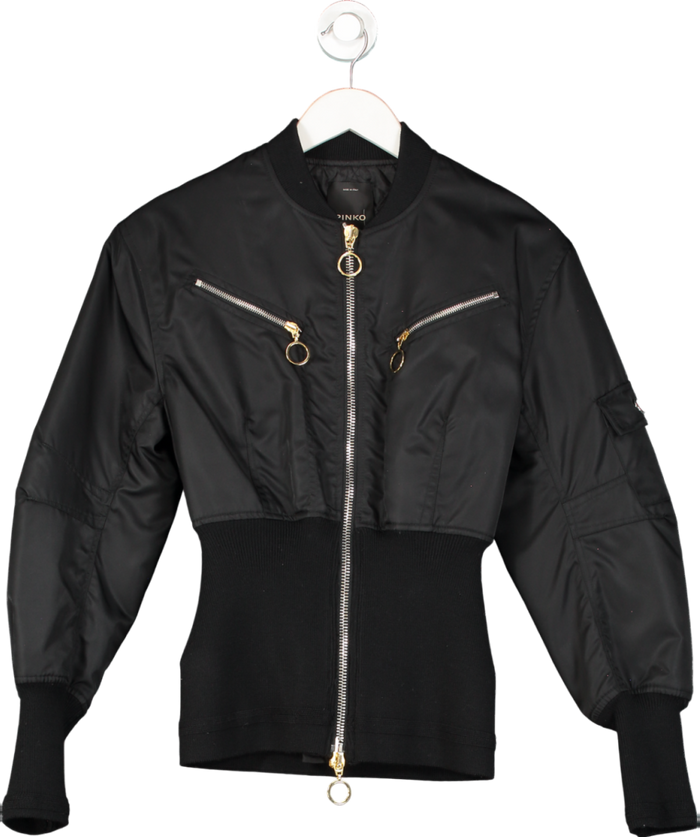 Pinko Black Ribbed Waist Bomber Jacket UK 8