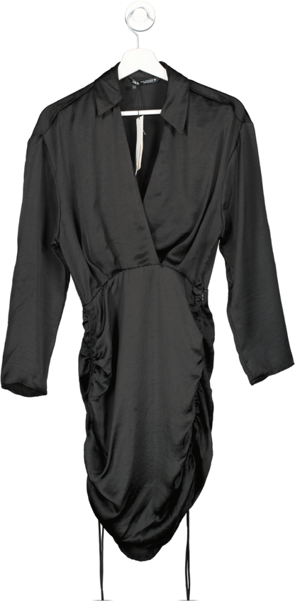 ZARA Black Ruched Satin Long Sleeve Mini Dress BNWT UK XS