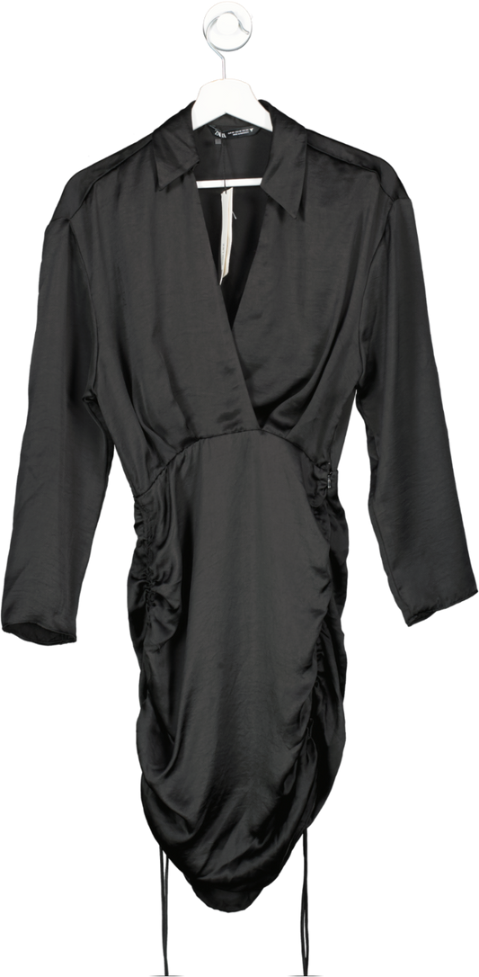 ZARA Black Ruched Satin Long Sleeve Mini Dress BNWT UK XS