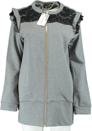 Love Moschino Grey Lace Trim Zip-Up Sweatshirt UK 12
