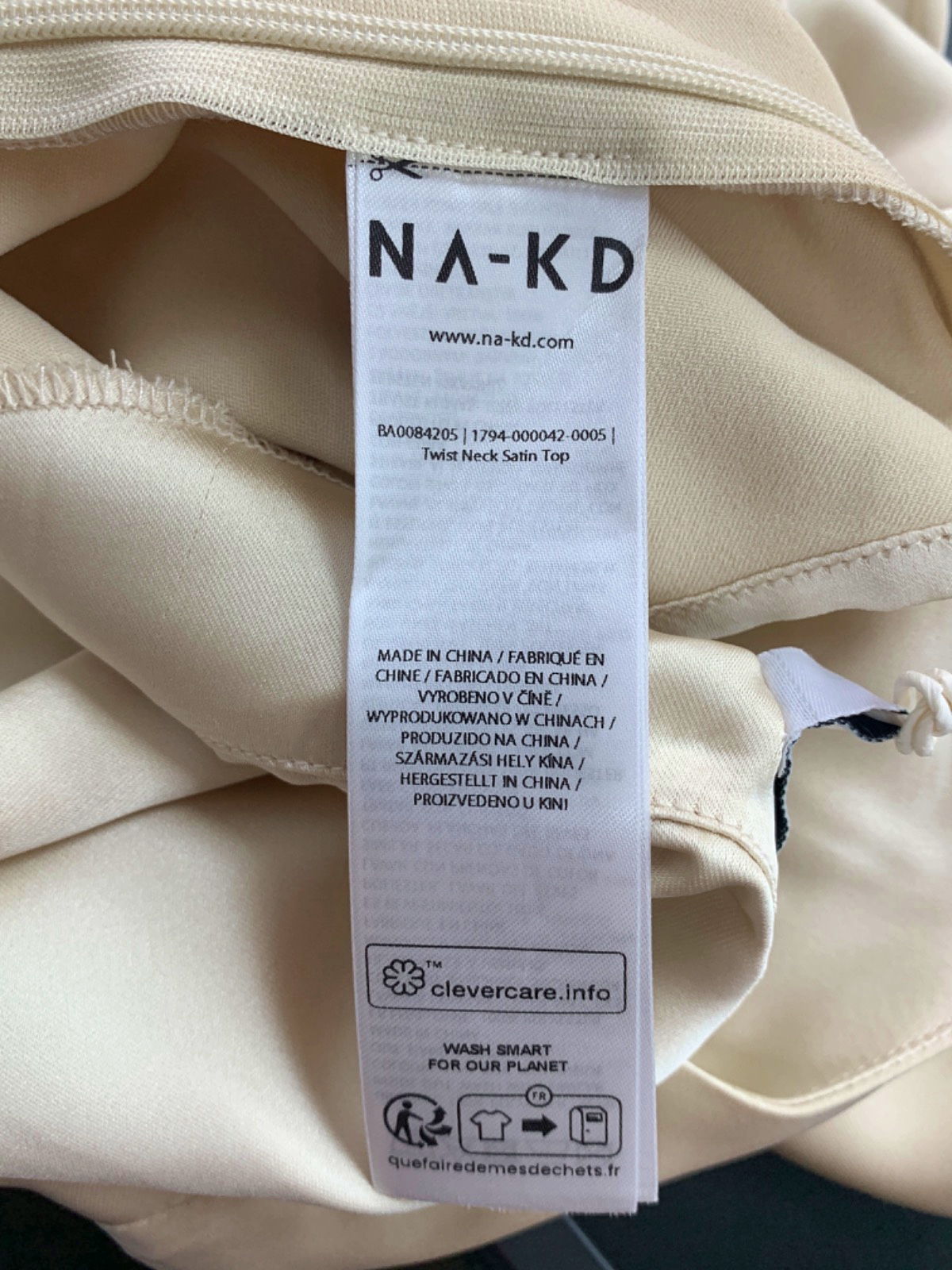 NA-KD Cream Twist Neck Satin Top UK S