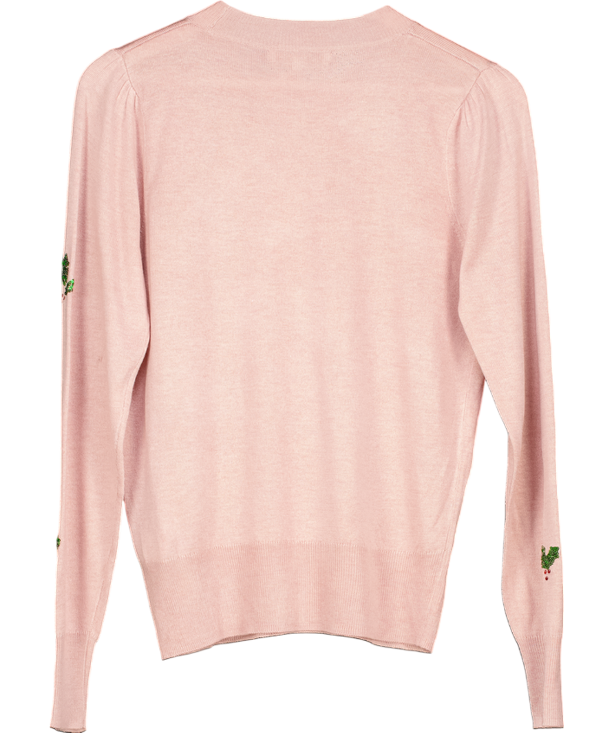 Next Pink Fine Knit Christmas Jumper With Sequin Holly Leaves UK 12