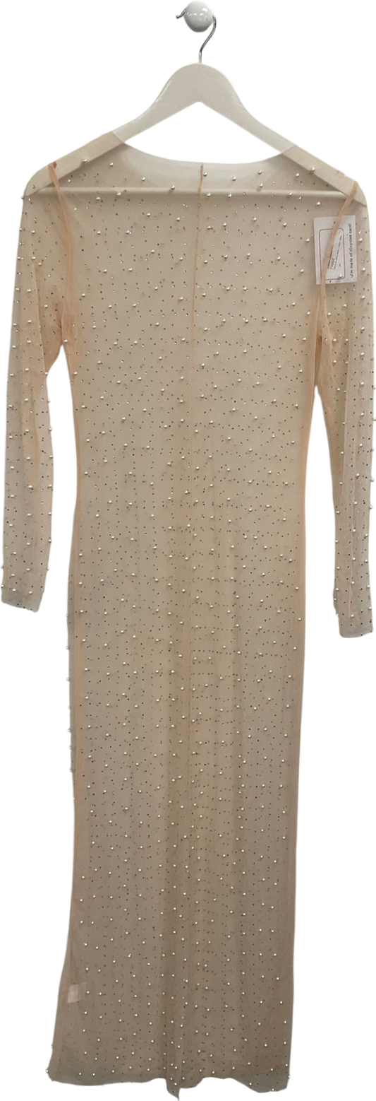 Nude Pearl And Dimante Embellished Mesh Dress UK S