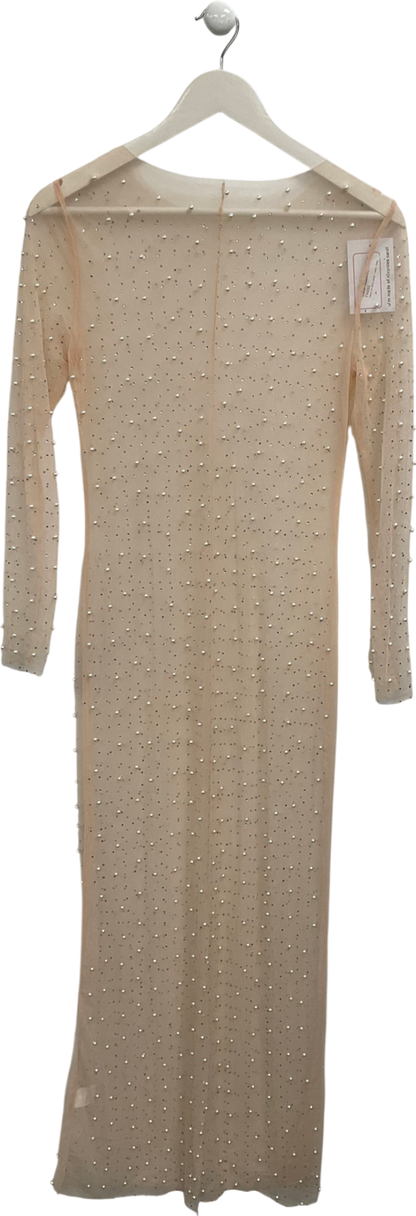 Nude Pearl And Dimante Embellished Mesh Dress UK S